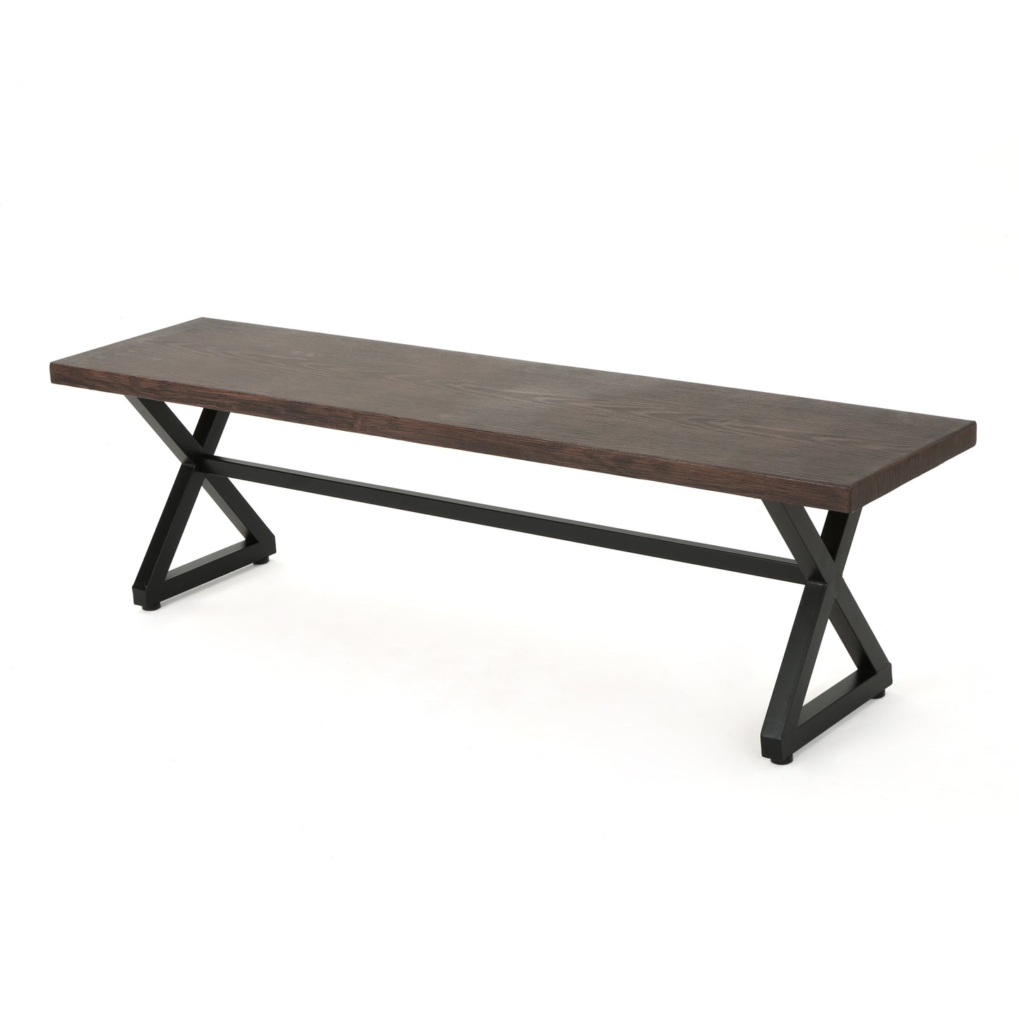 Dark wood bench with black industrial X legs perfect for dining or entry