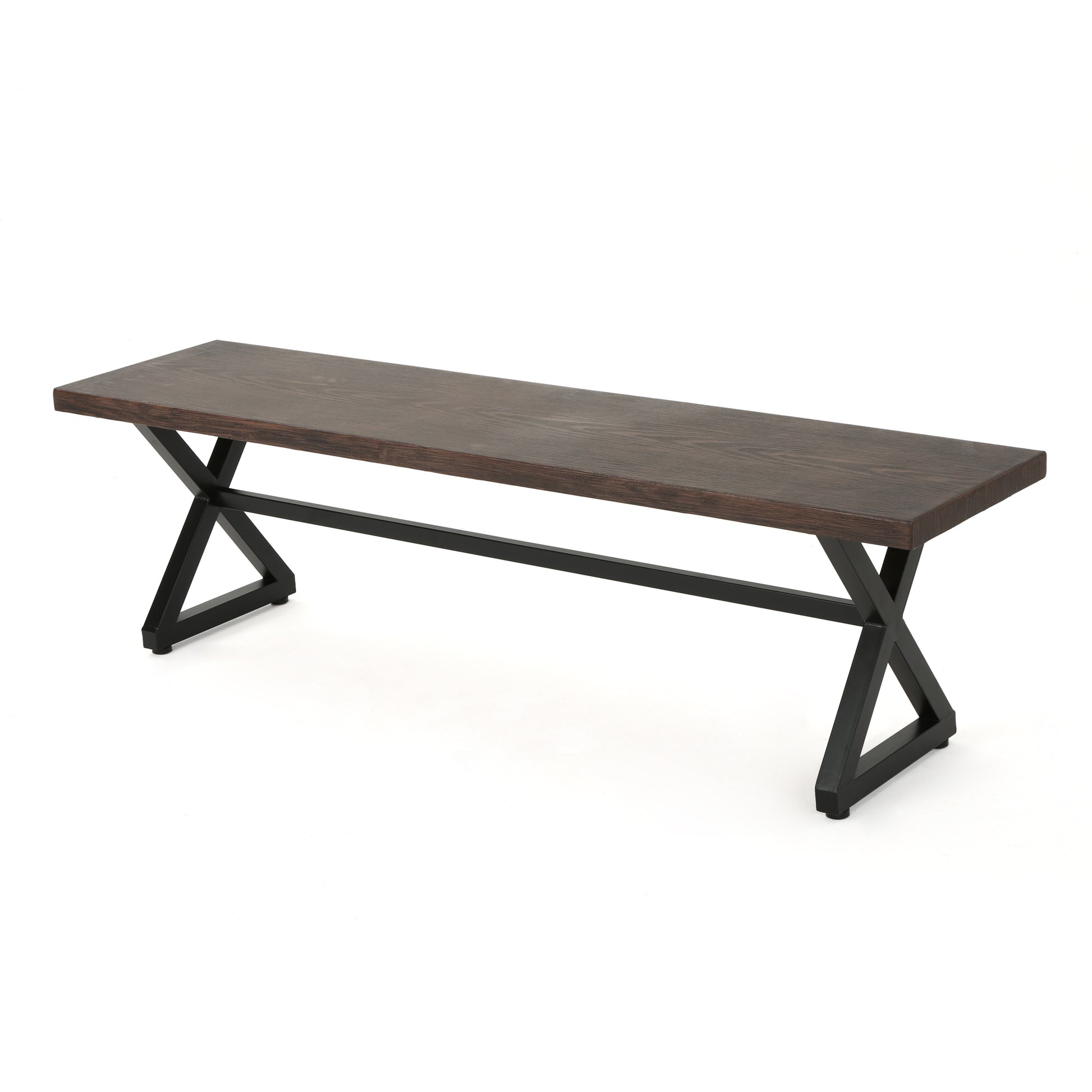 Dark wood bench with black industrial X legs perfect for dining or entry
