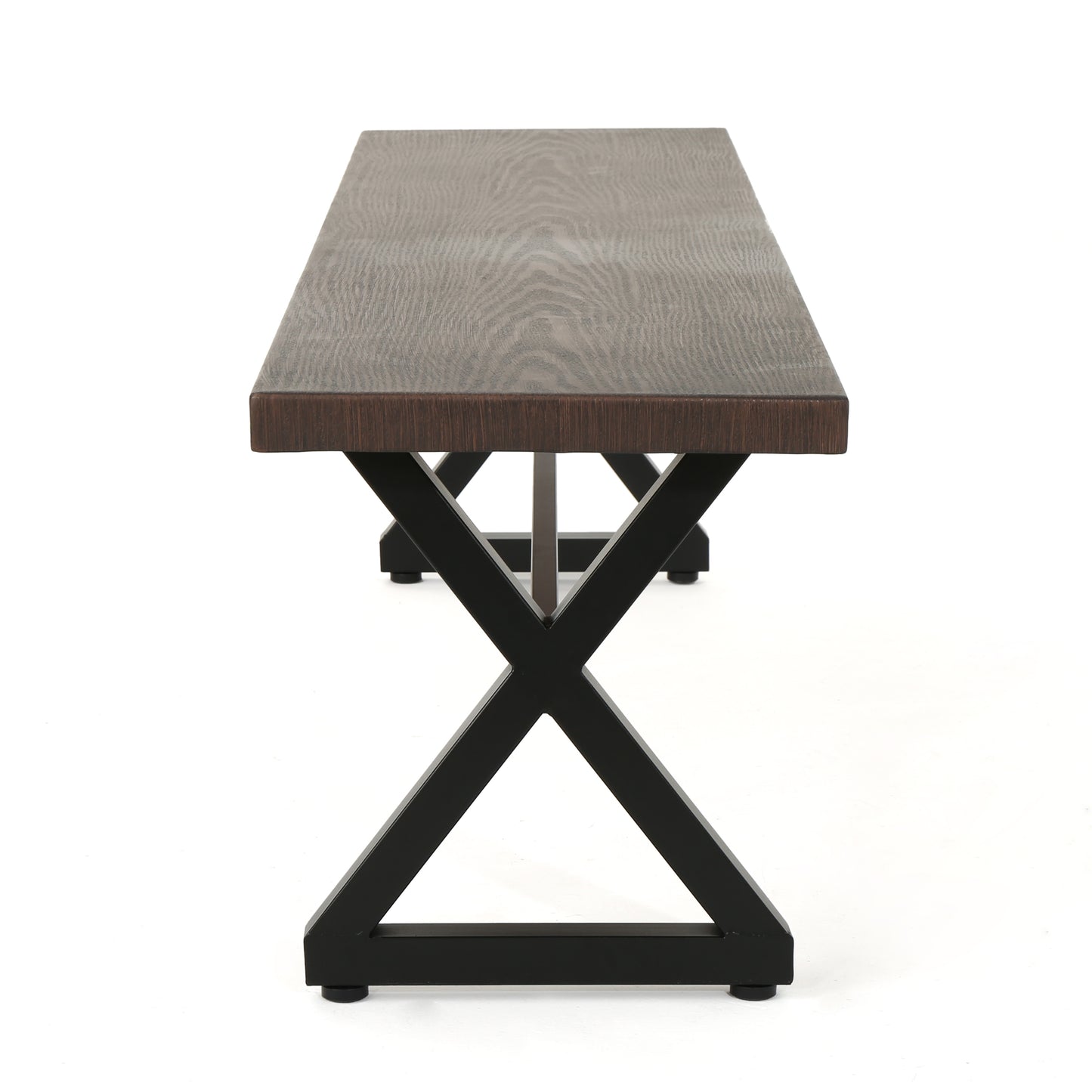 Dark wood bench with striking Xshaped black metal legs perfect for modern entryways