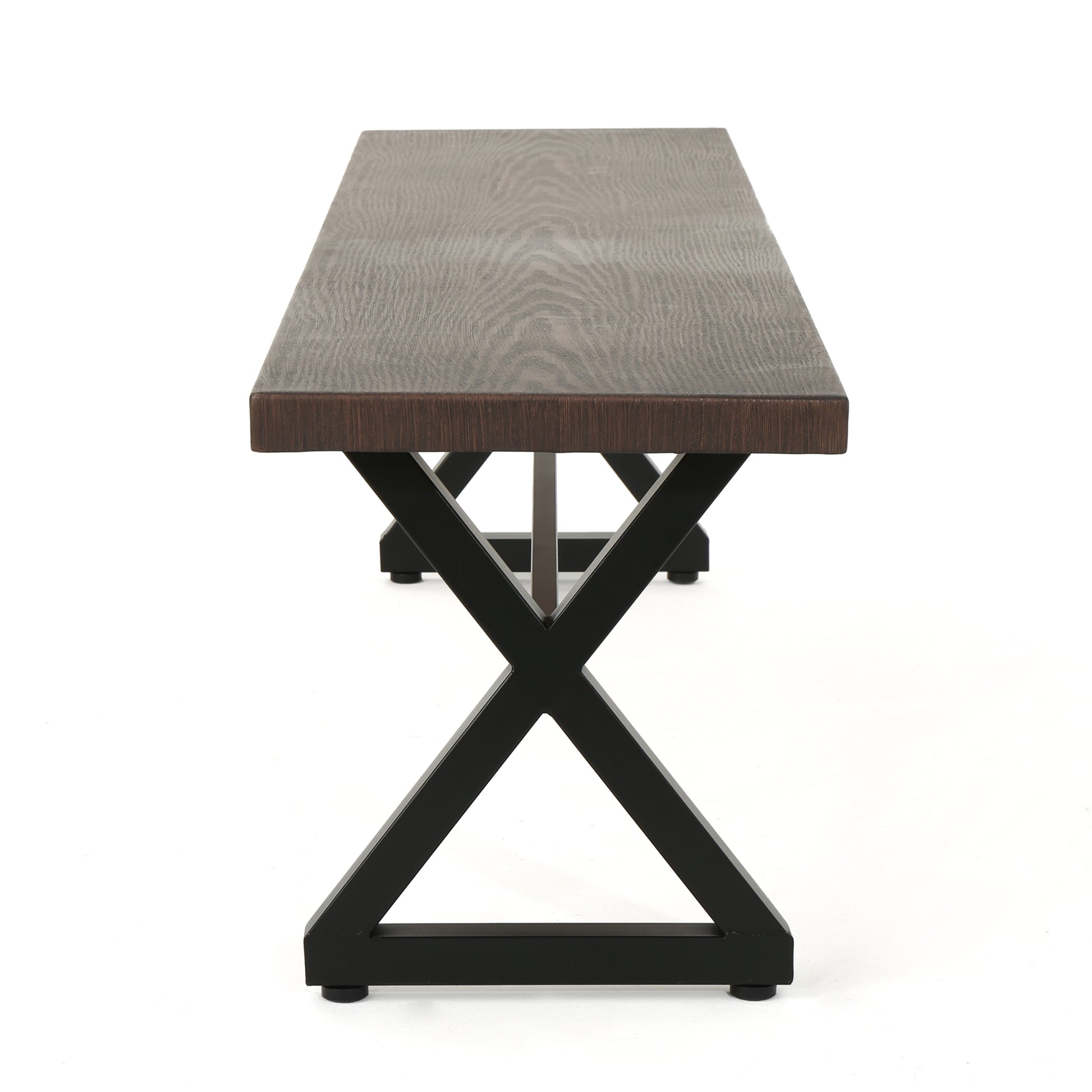 Dark wood bench with striking Xshaped black metal legs perfect for modern entryways