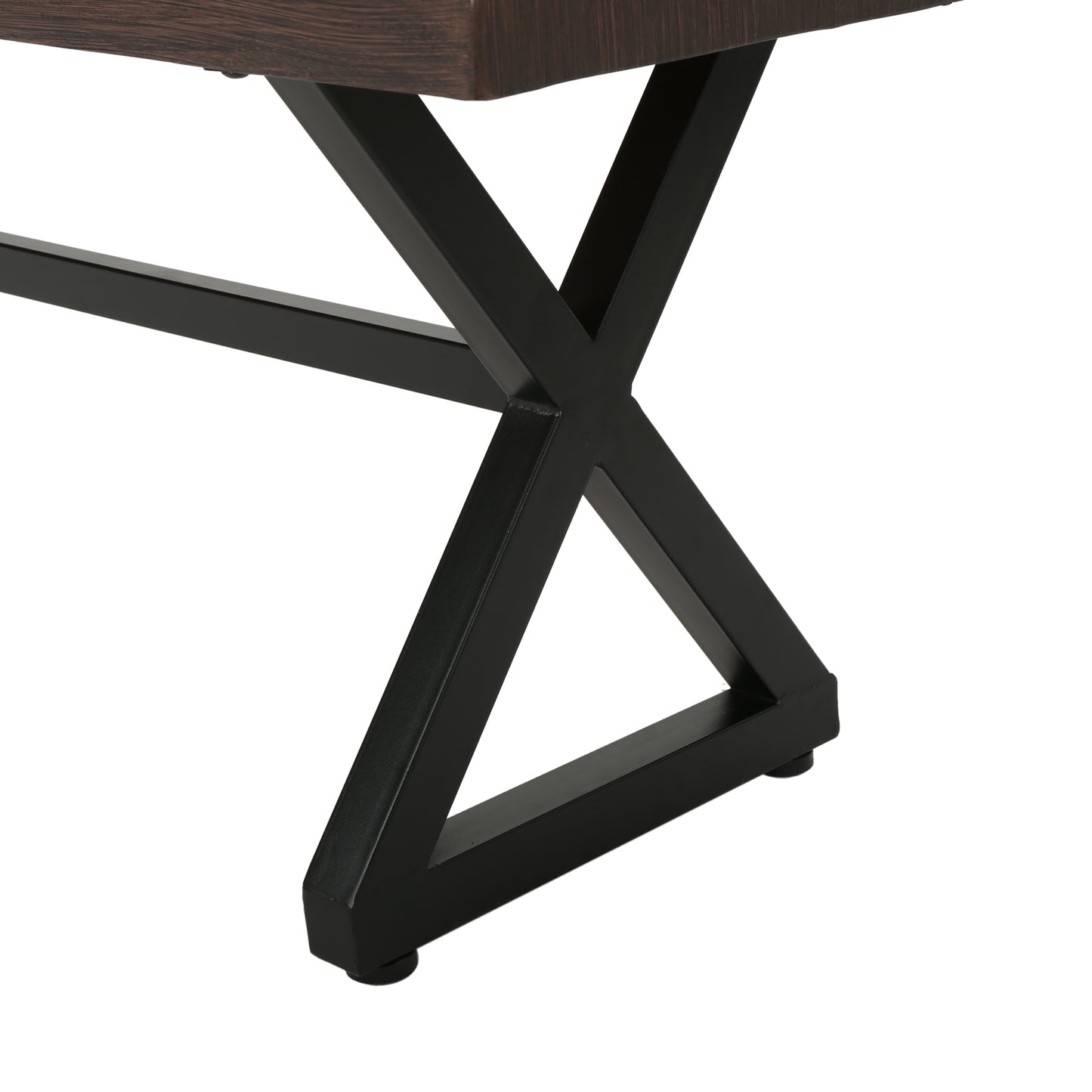 Dark wood grain tabletop detail with black metal Xshaped legs for a modern industrial bench