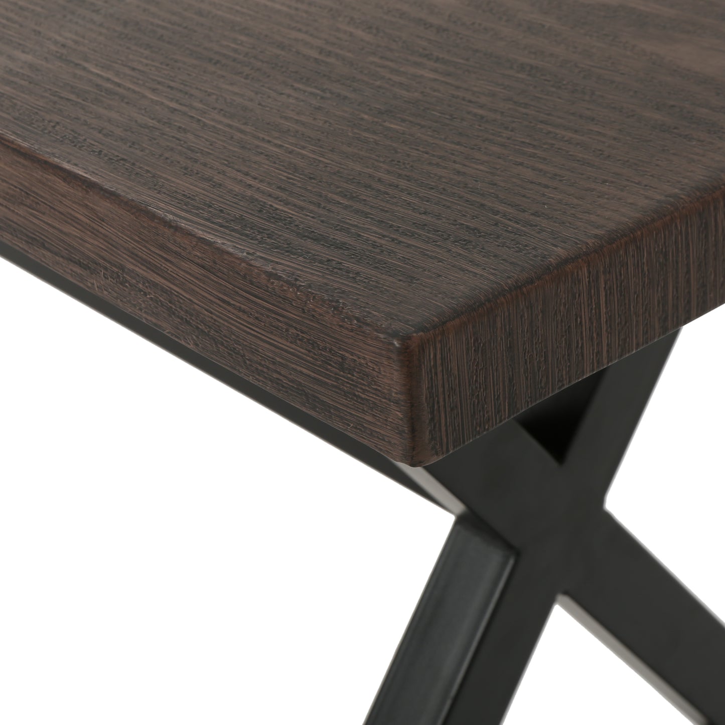 Dark wood grain tabletop on a metal Xleg dining bench