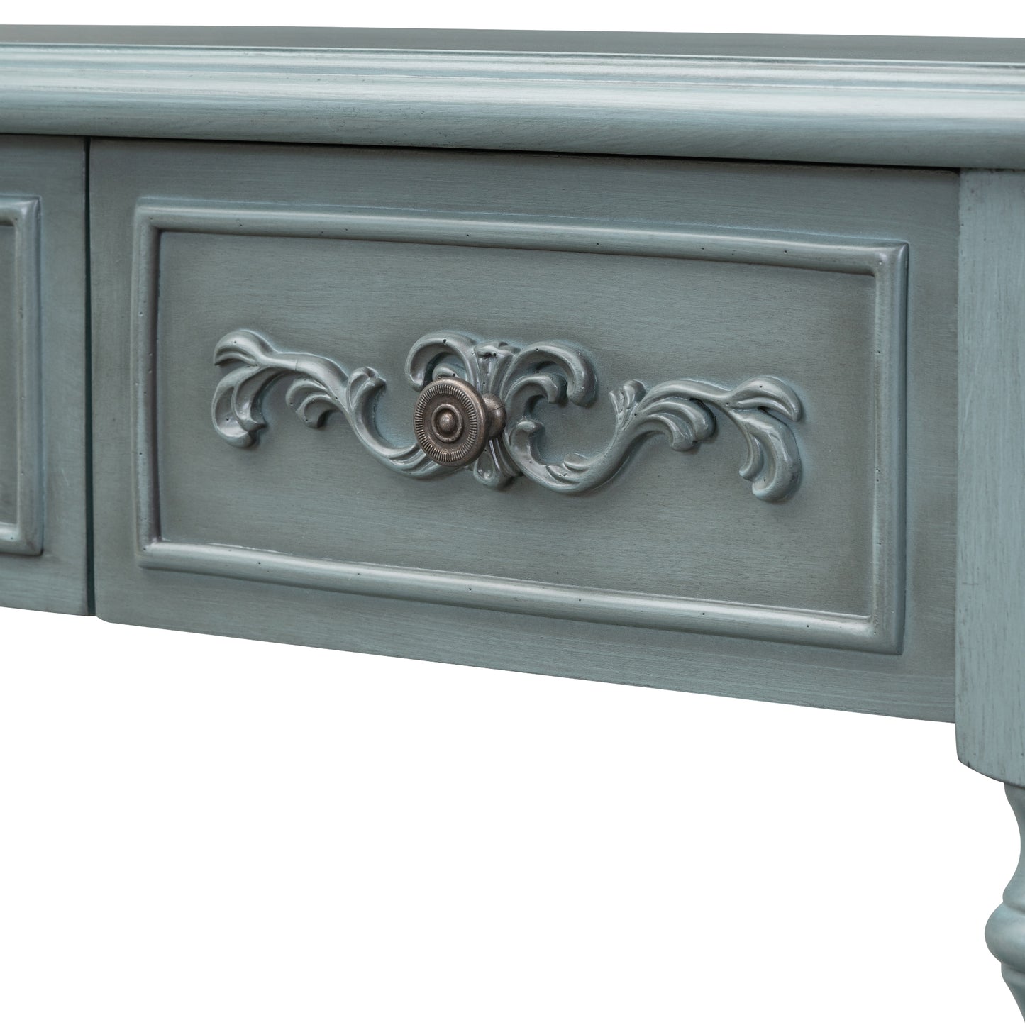 Blue distressed wood vanity desk with ornate silver drawer pull and decorative carving