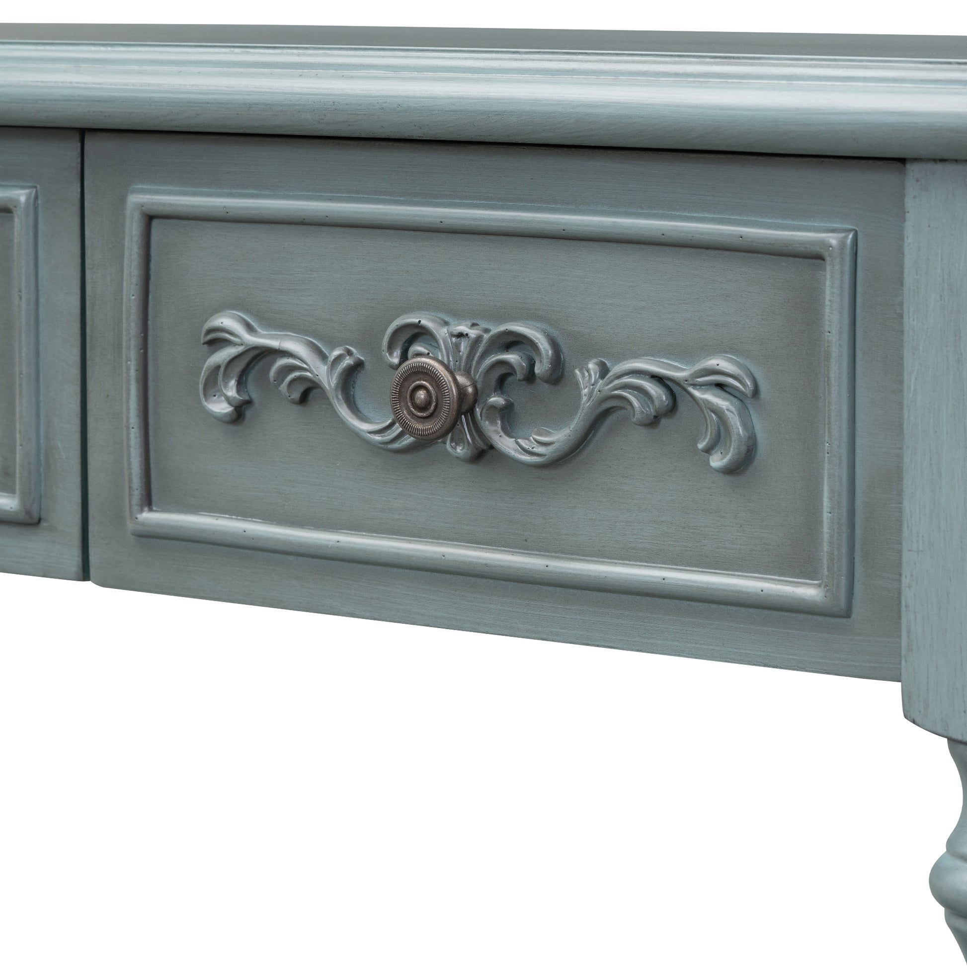 Blue distressed wood vanity desk with ornate silver drawer pull and decorative carving