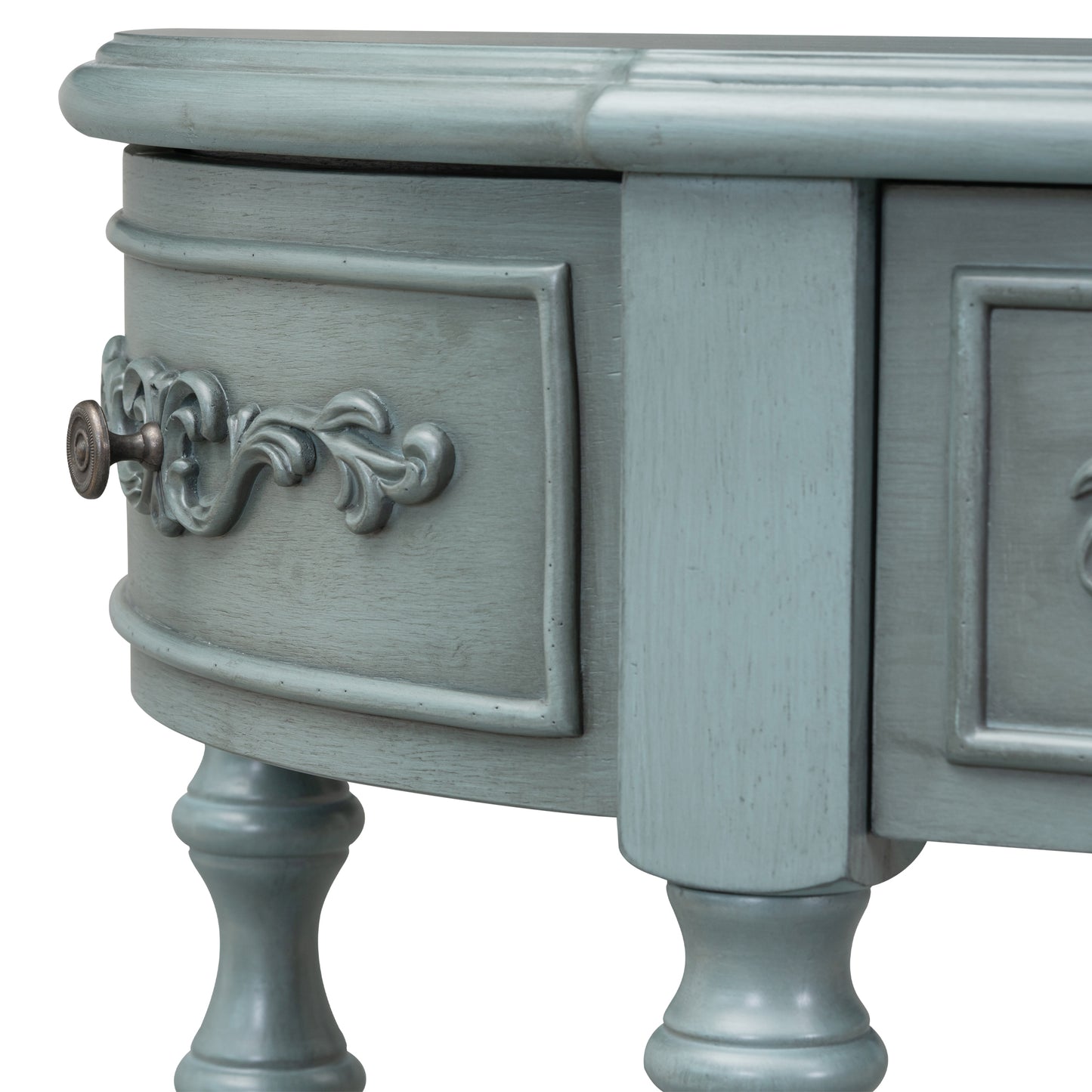 Light blue distressed wood accent table with ornate drawer pull