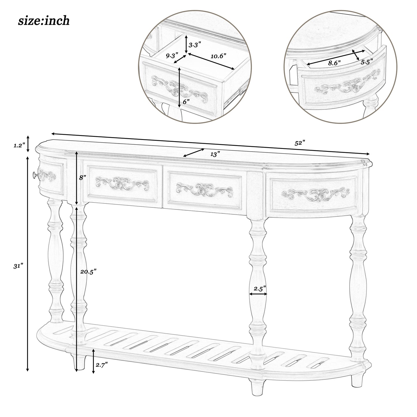 Elegant console table with ornate drawer fronts and curved legs  W