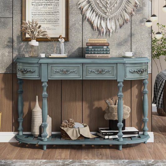 Distressed blue console table with ornate drawer pulls and turned legs