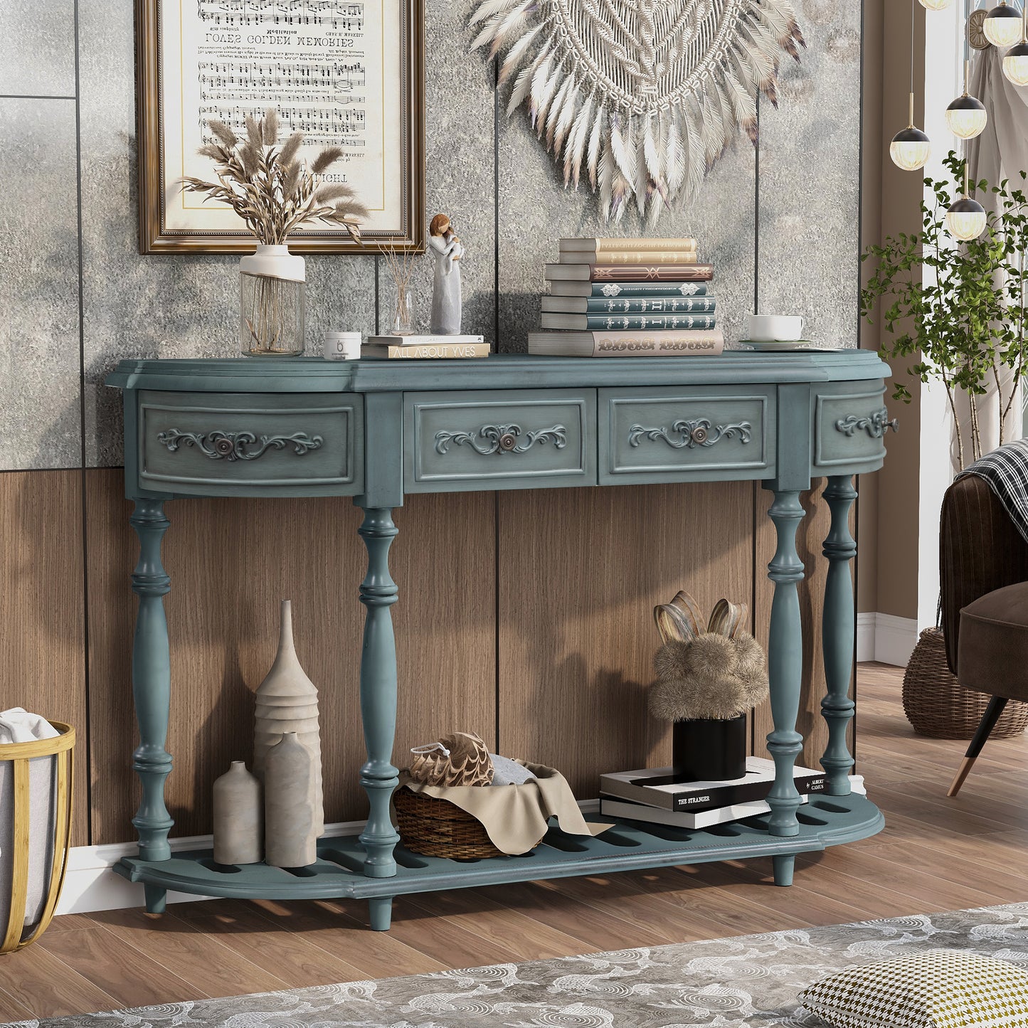 Distressed teal entryway table with curved top and ornate drawer pulls