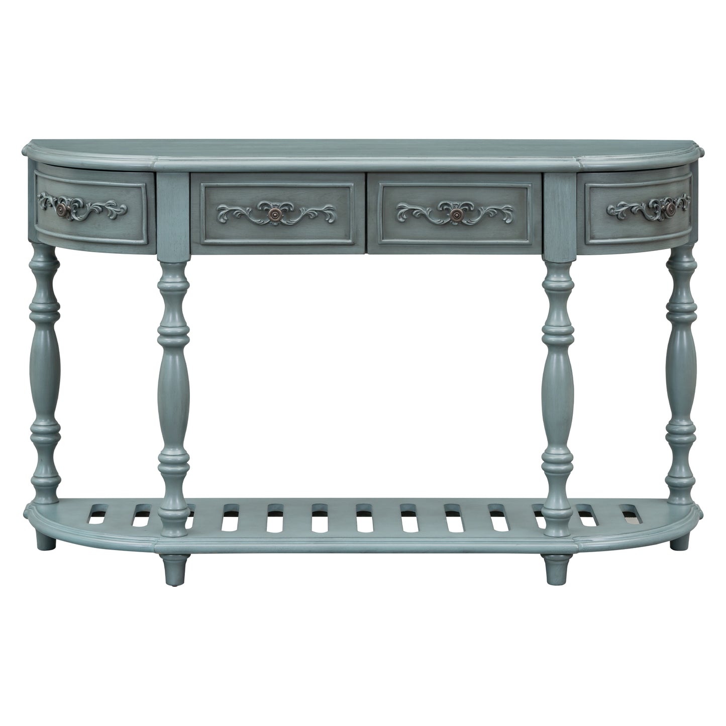 Blue distressed wood console table with four ornate drawers and carved legs