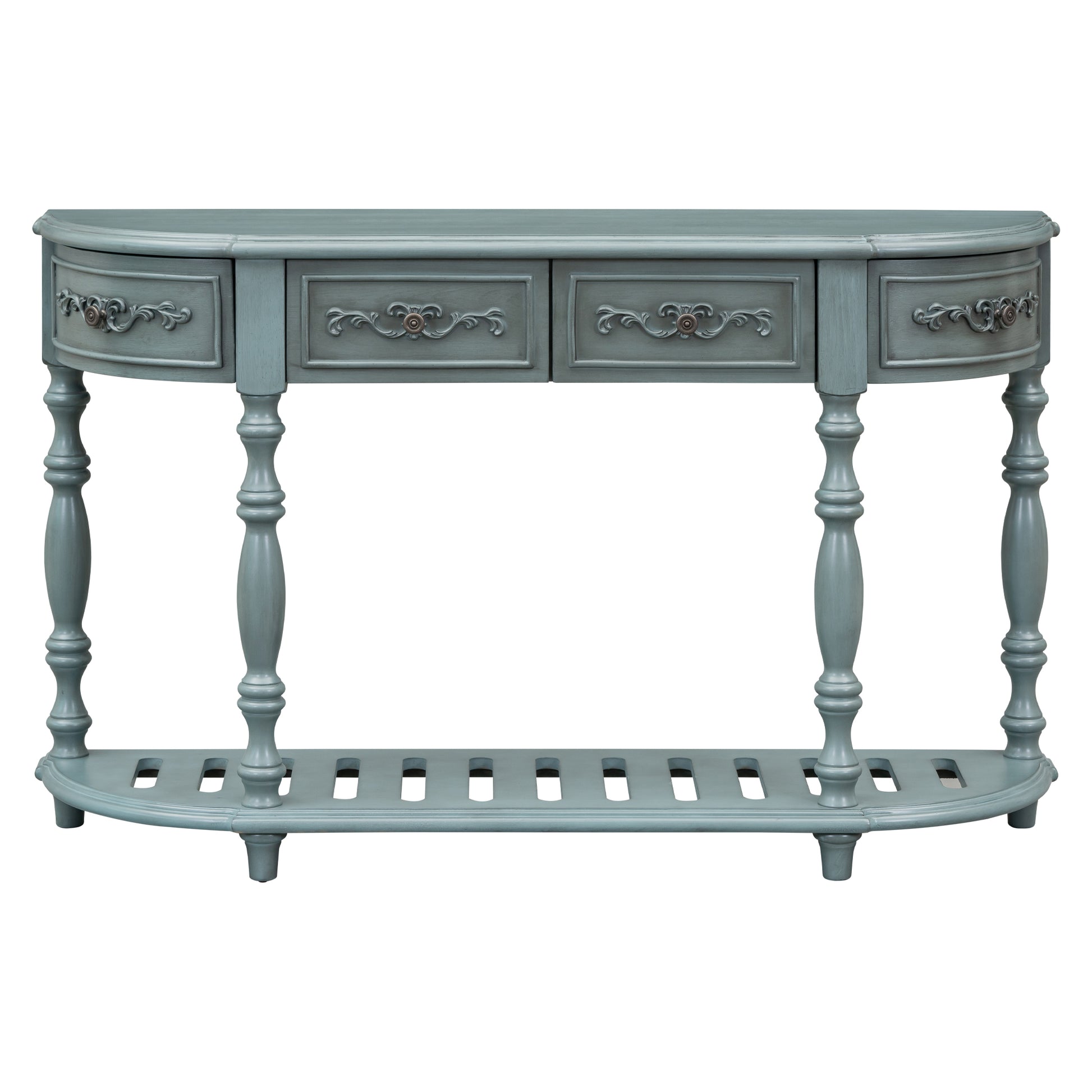 Blue distressed wood console table with four ornate drawers and carved legs