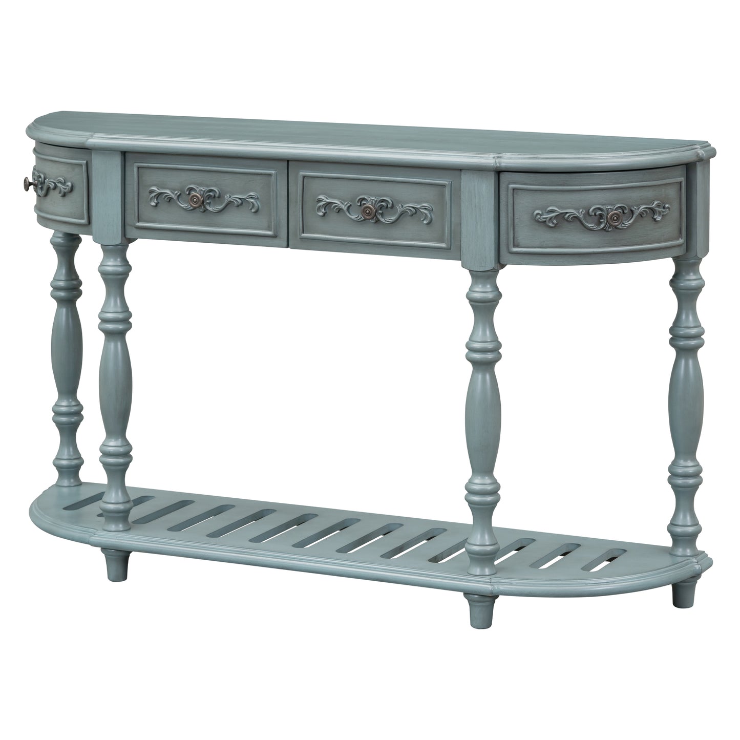 Light blue antique console table with carved drawers and spindle legs