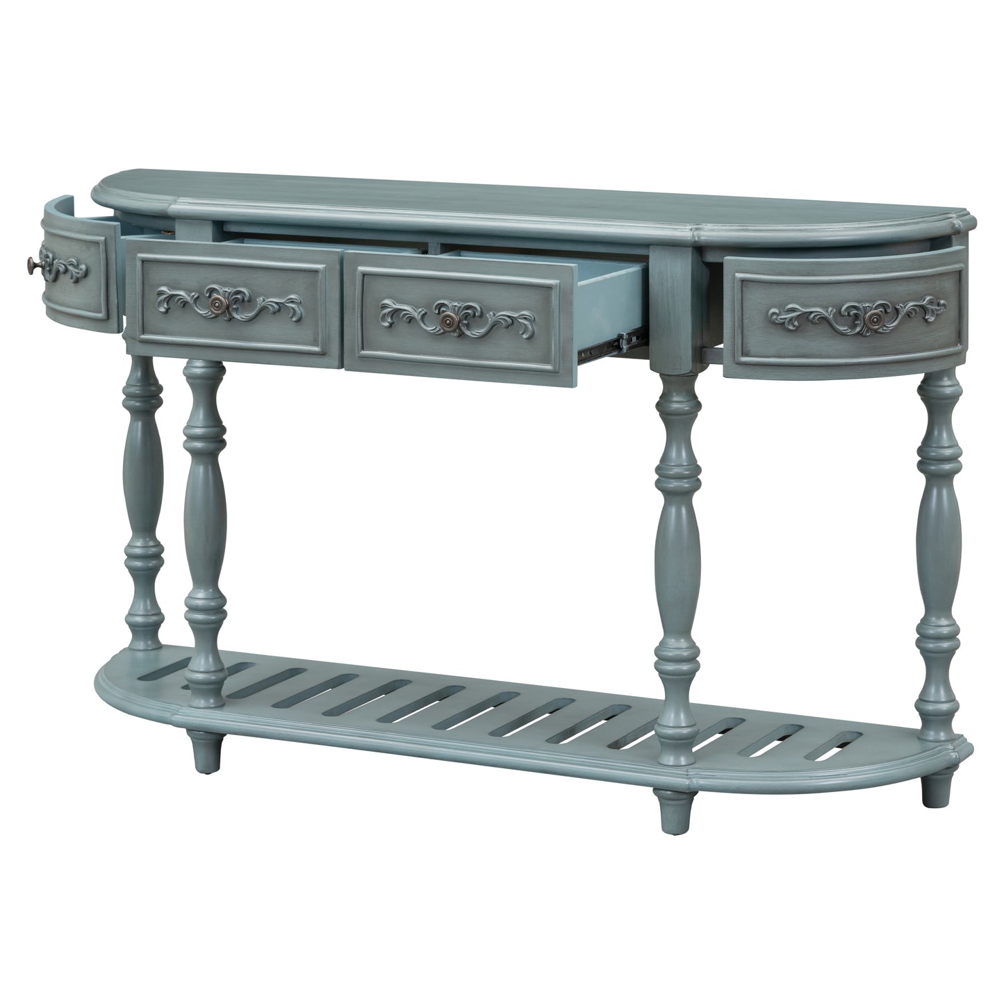 Blue antique console table with ornate drawer pulls and carved details