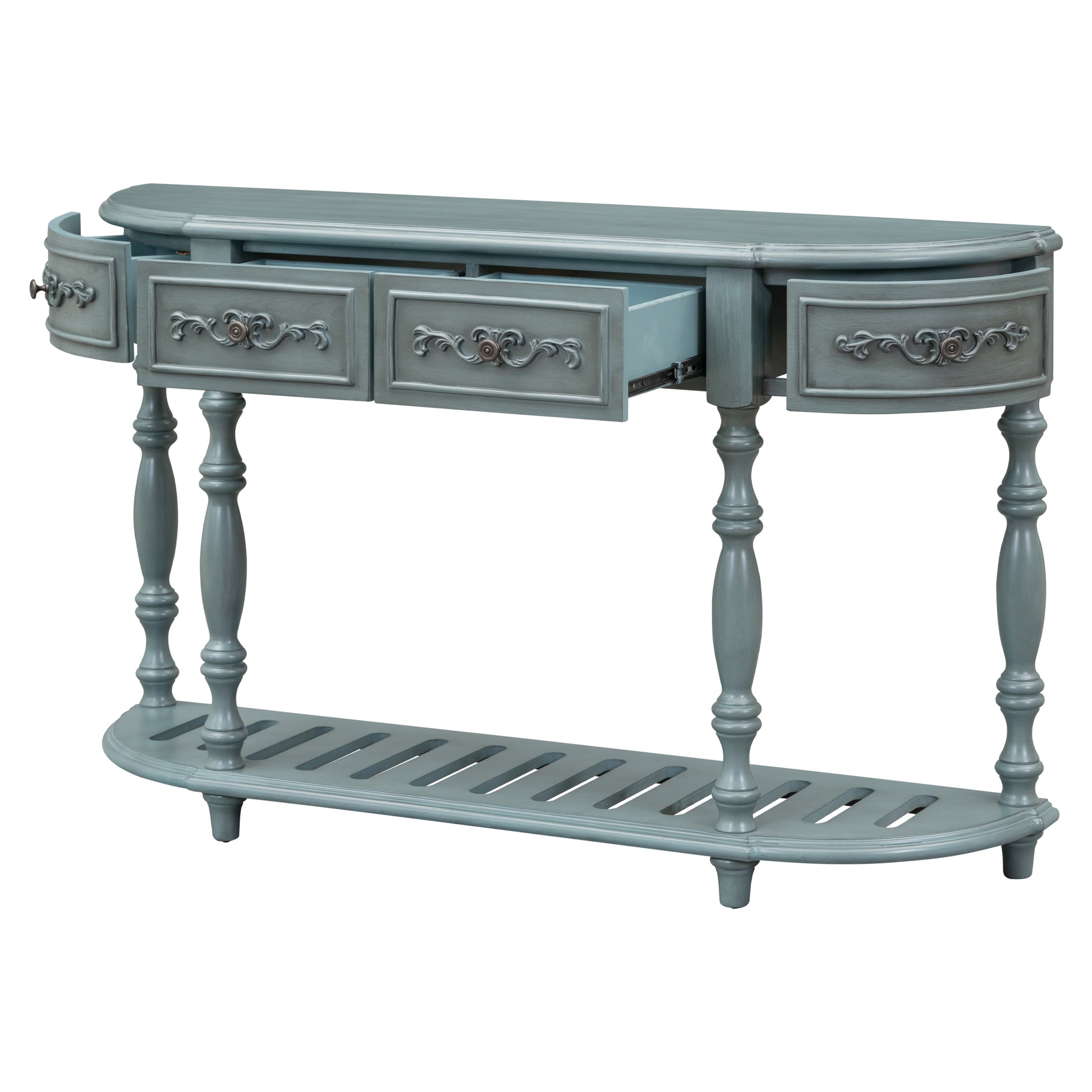 Blue antique console table with ornate drawer pulls and carved details