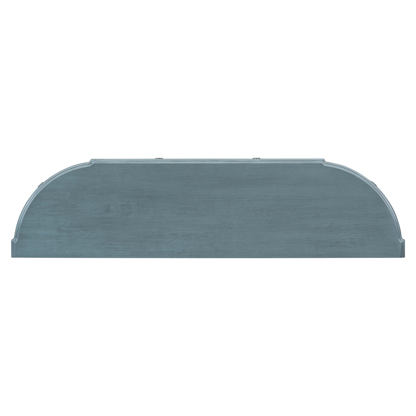 Blue washed wood curved console table top with decorative edge detail
