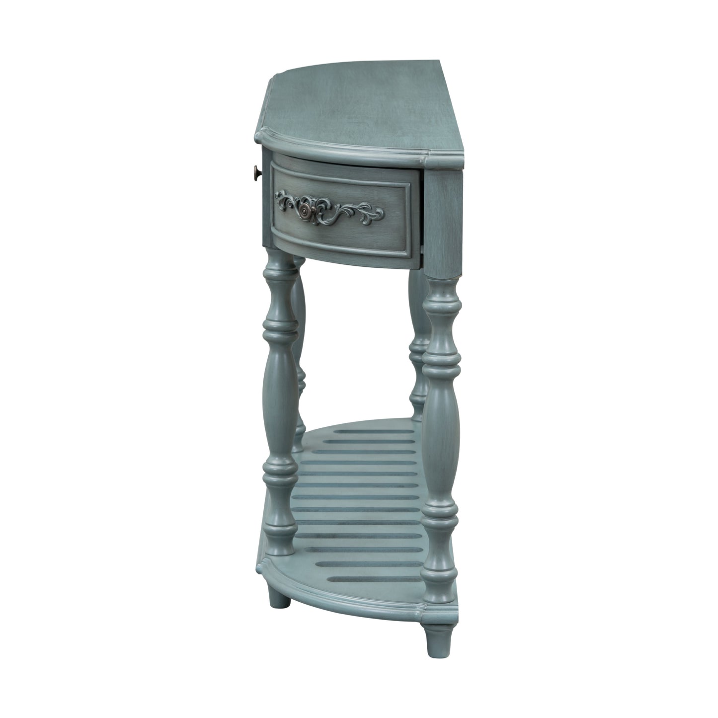 Curved entryway table in distressed blue with ornate drawer pull and slatted shelf