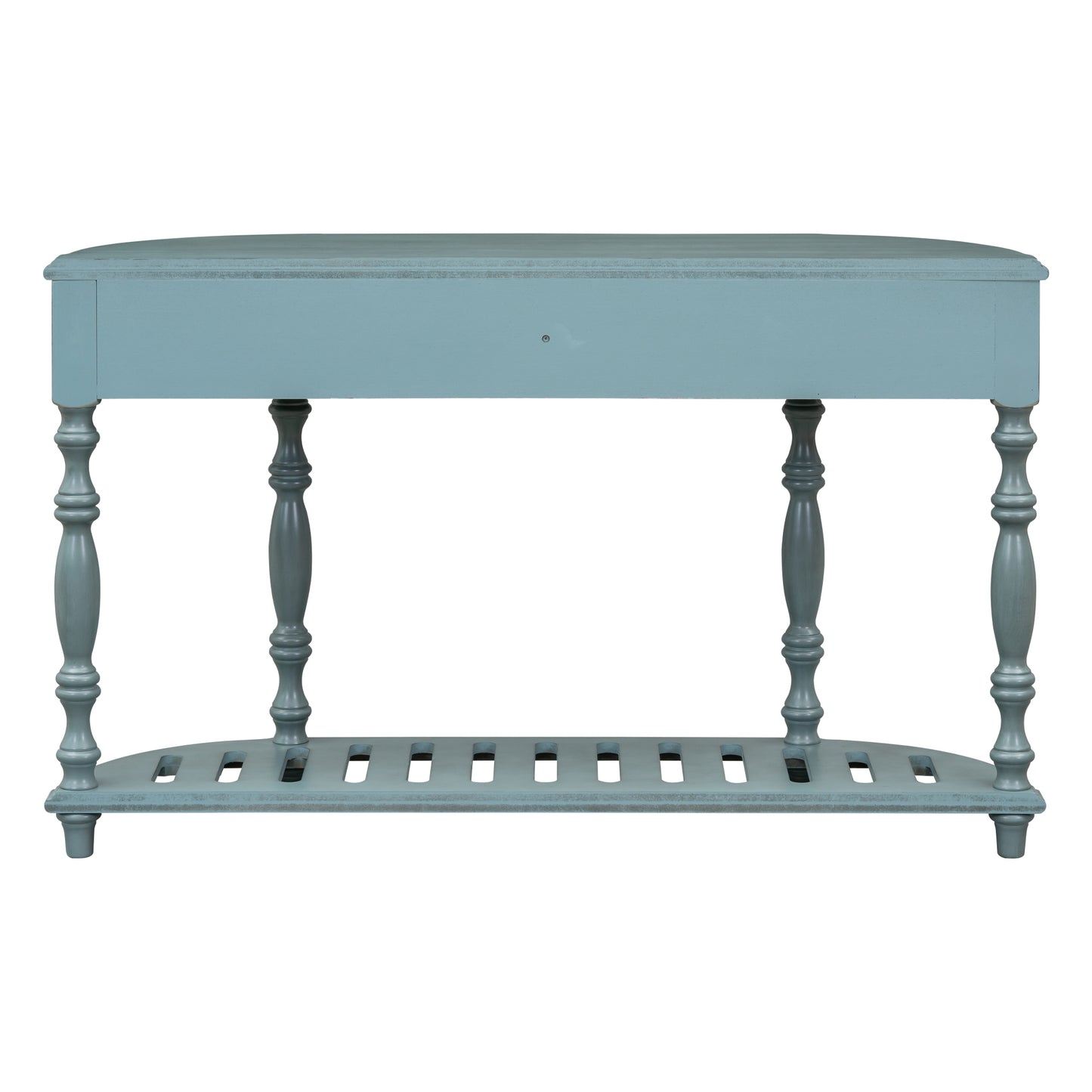 Light blue vintage console table with turned legs and slatted shelf
