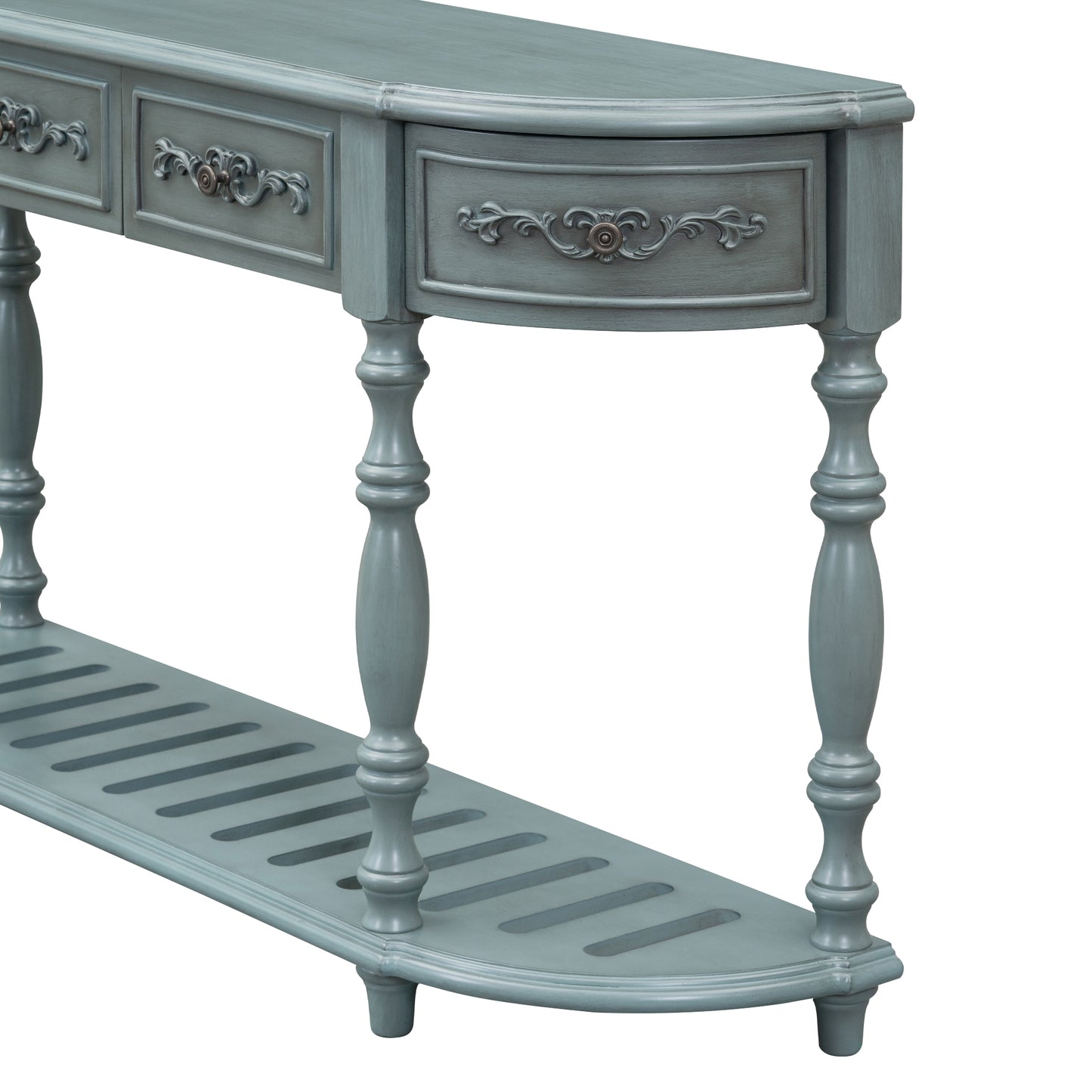 Blue distressed wooden console table with ornate drawer pulls and slatted shelf