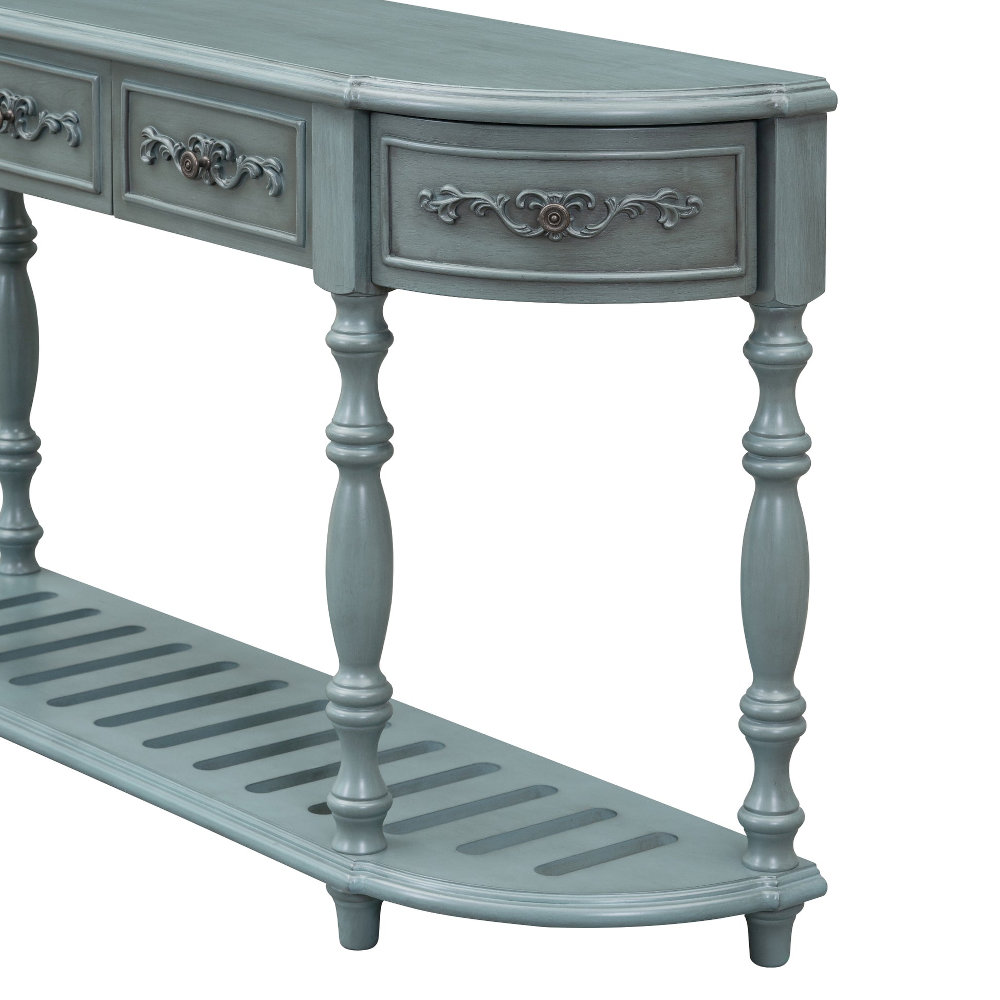 Blue distressed wooden console table with ornate drawer pulls and slatted shelf