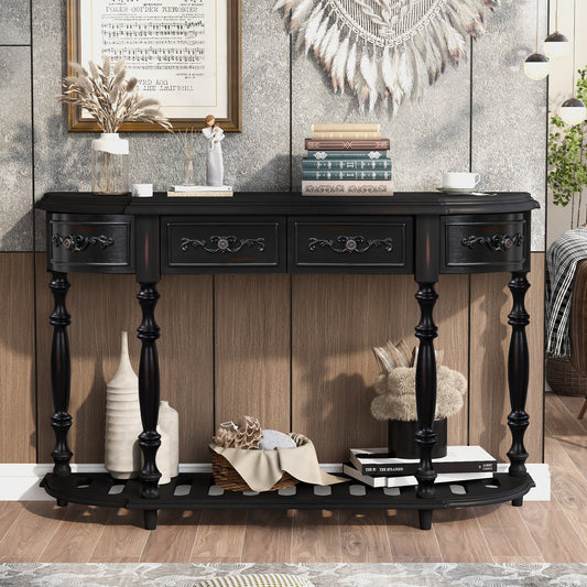 Black wooden console table with carved drawers and turned legs
