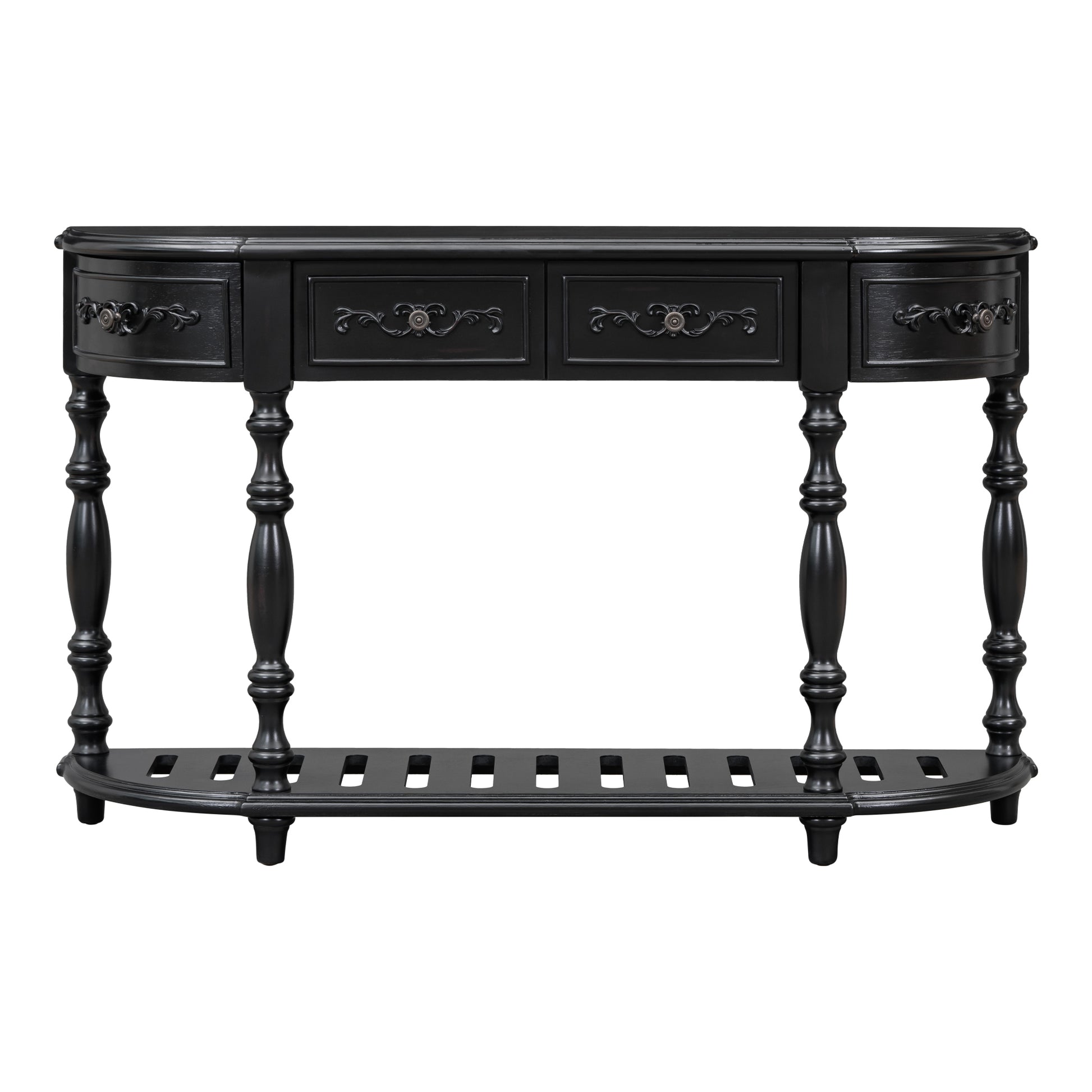Elegant black console table with ornate carvings and a lower shelf for storage