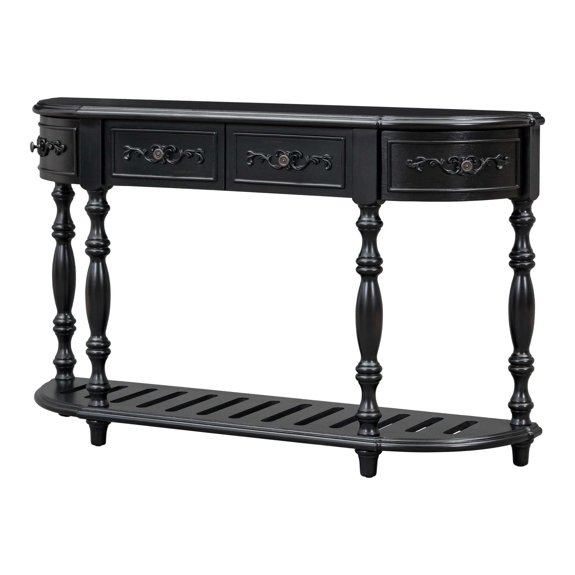 Black halfmoon console table with decorative drawers and turned legs