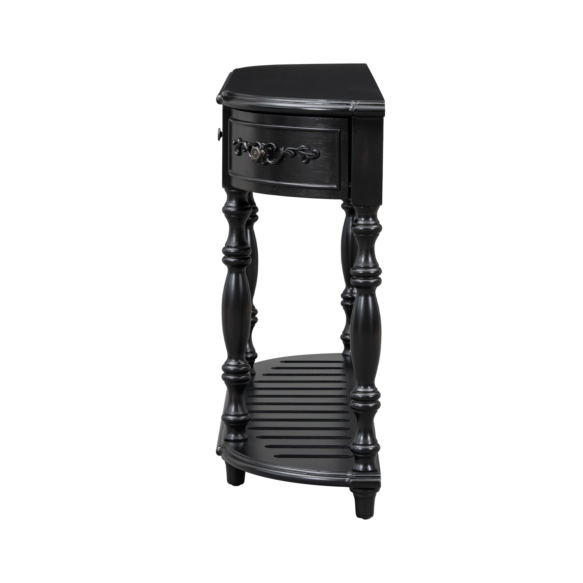 Elegant black antique corner accent table with a single drawer and carved detailing