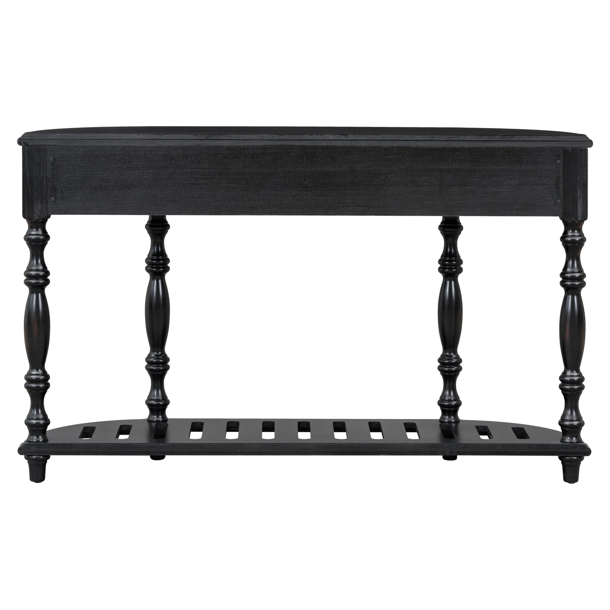 Black wood console table with turned legs and slatted shelf