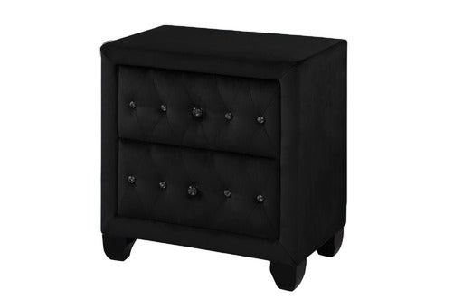 Black velvet nightstand with diamond tufting and silver drawer pulls