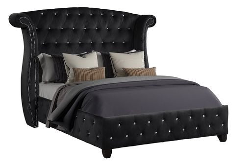 Black velvet tufted wingback bed frame with crystal accents