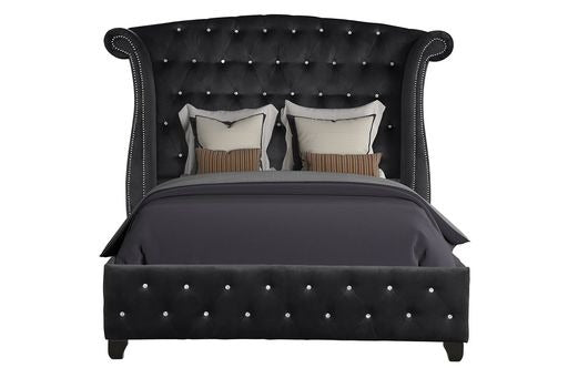 Black velvet wingback bed with crystal tufting