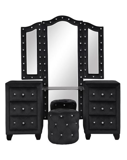 Black velvet makeup vanity set with trifold mirror and crystal accents