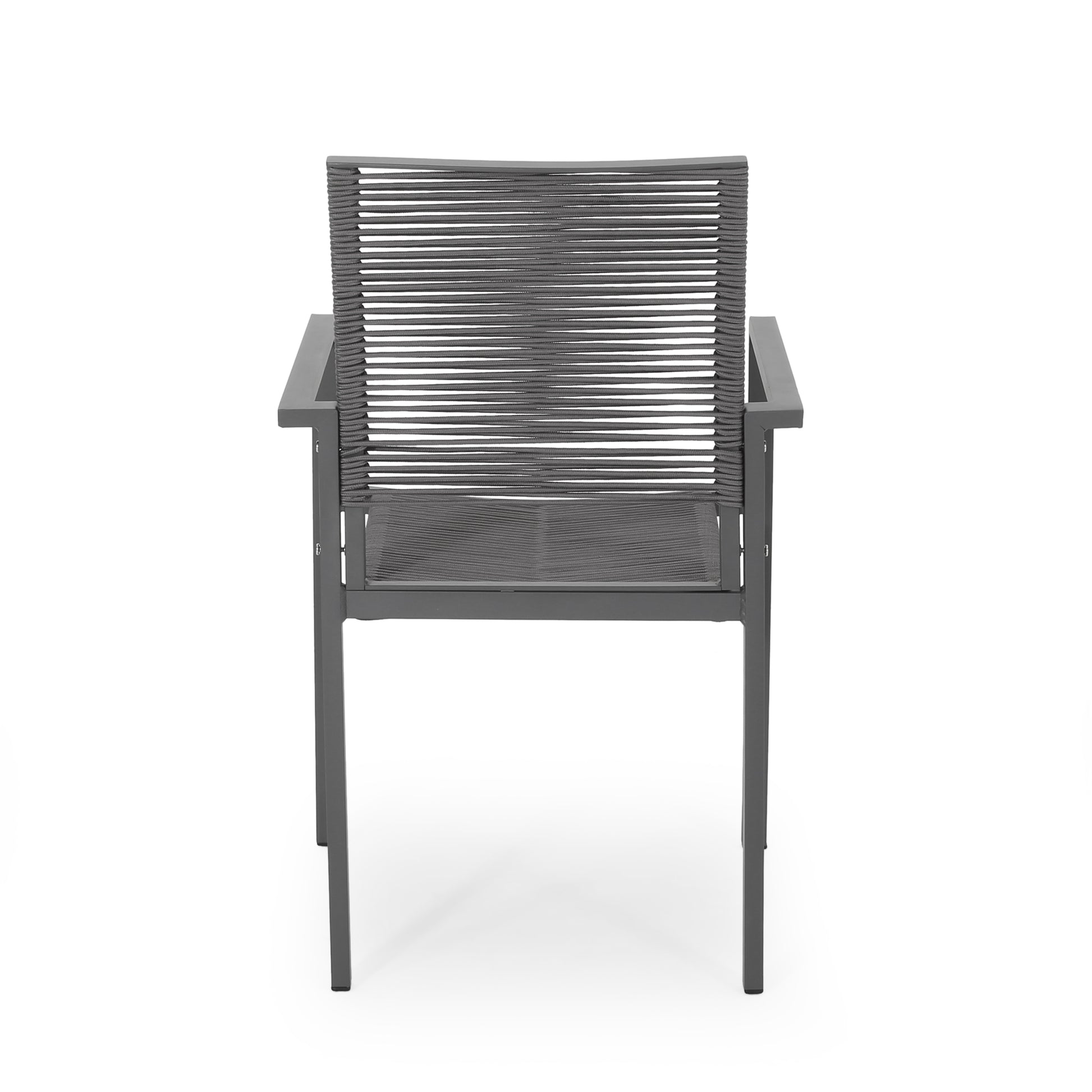 Gray woven rope armchair with metal frame ideal for patio seating