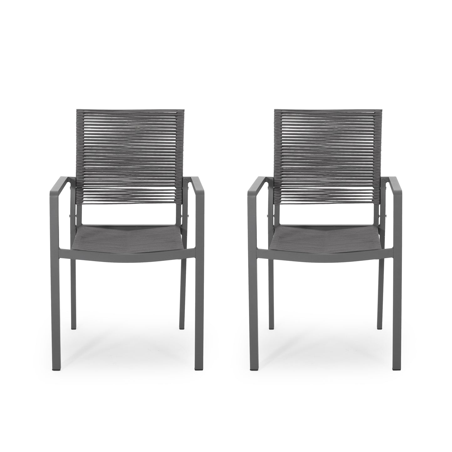 Two modern grey outdoor chairs with rope seats and aluminum frames