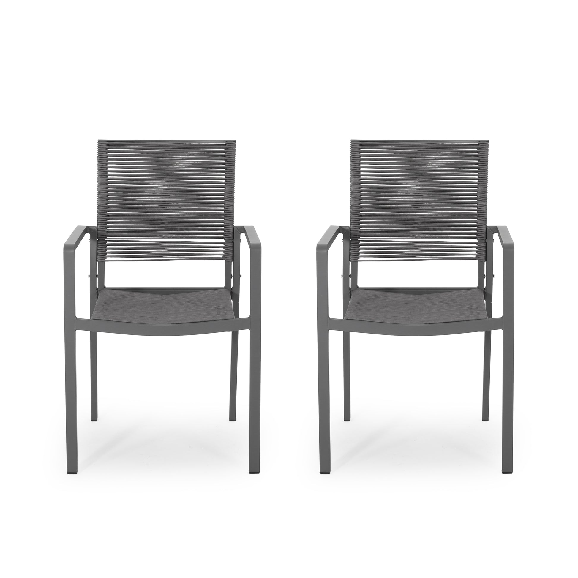 Two modern grey outdoor chairs with rope seats and aluminum frames