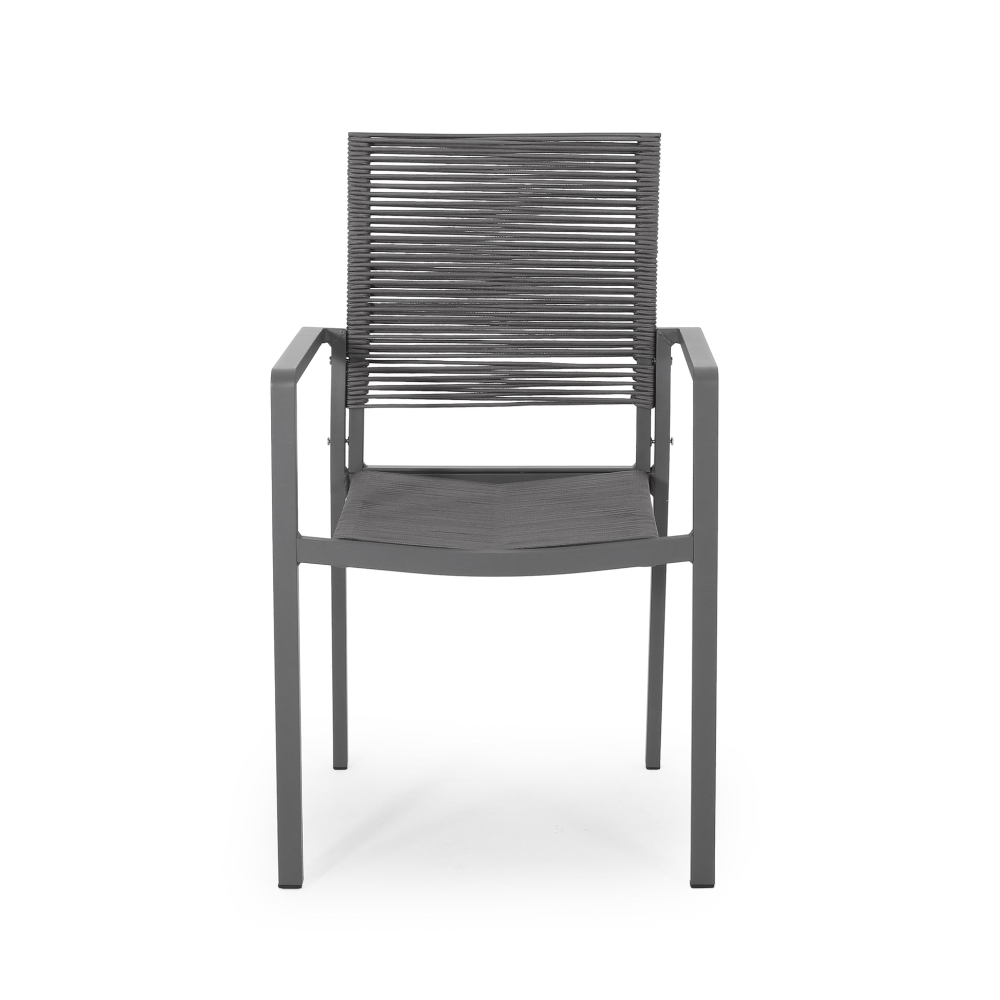 Modern grey metal armchair with woven rope seat and back for outdoor use