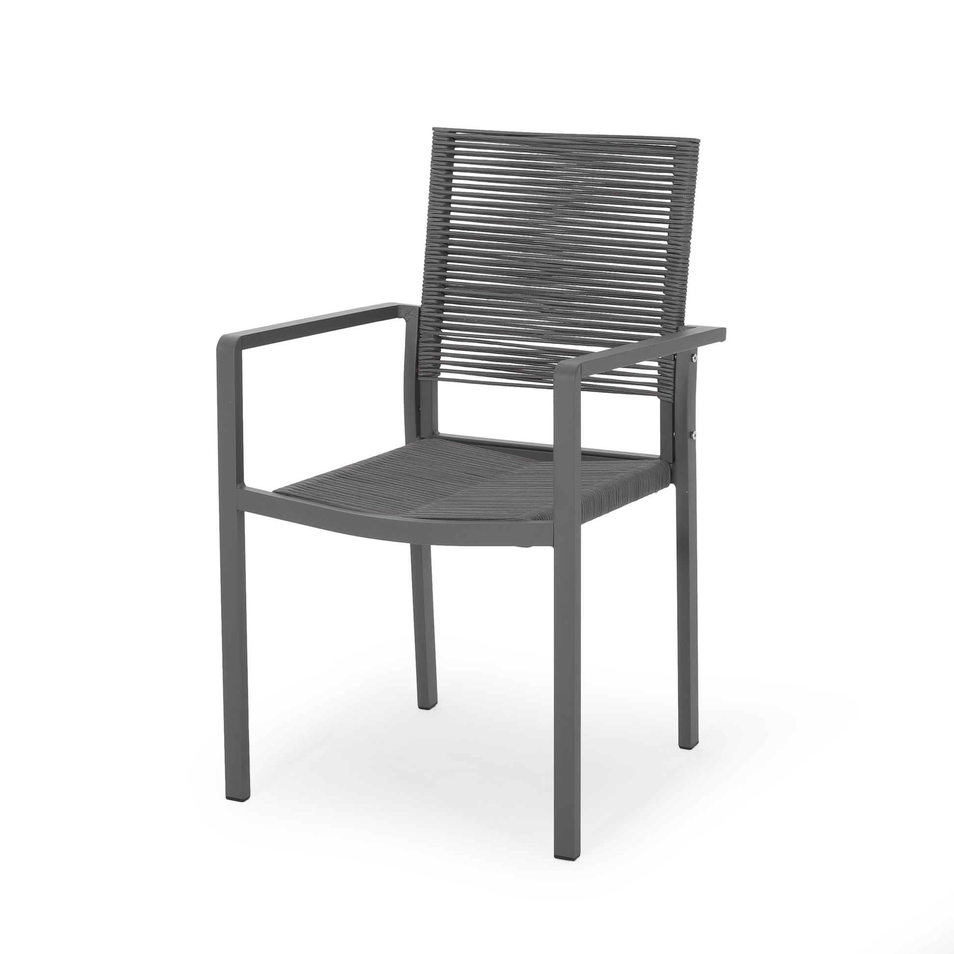 Charcoal gray rope outdoor chair with aluminum frame and sleek modern design