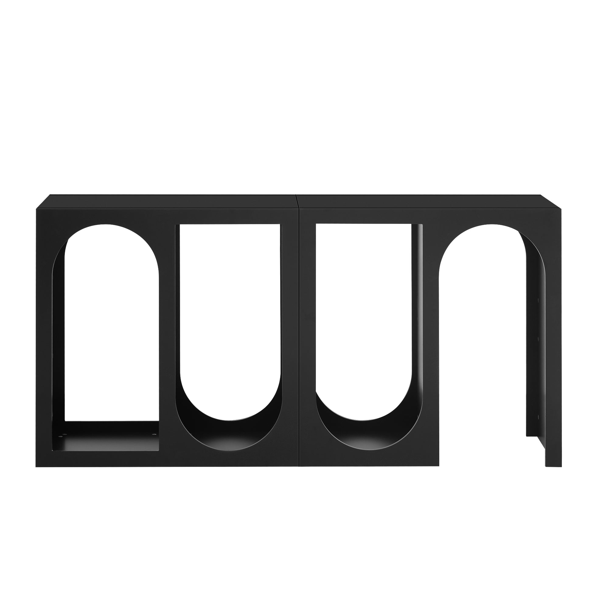 Sleek black console table with arched openings and a modern design