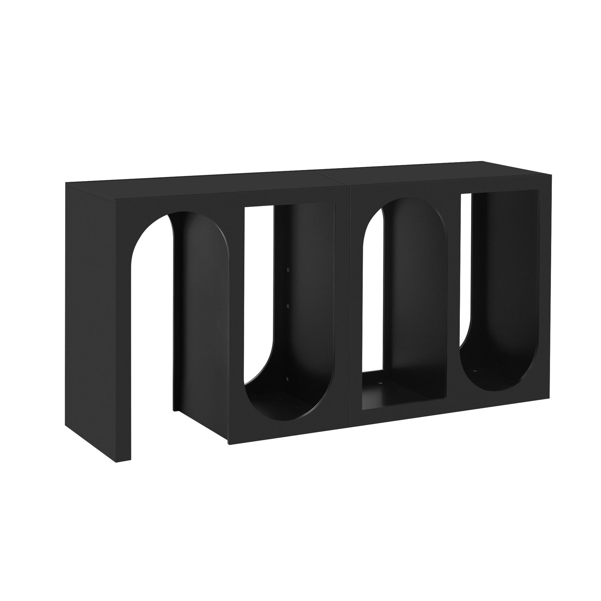 Modern black media console with arched cutouts a sleek addition to any living room