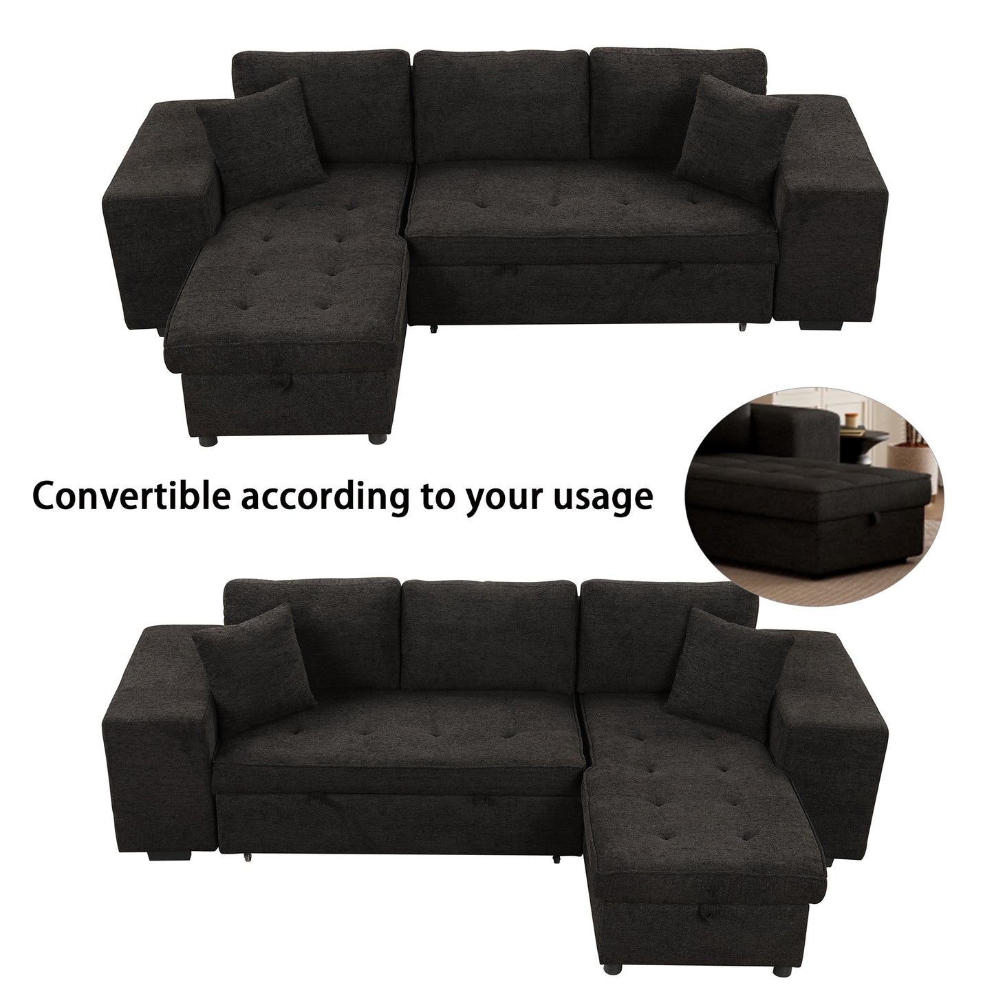 Dark gray fabric sectional sofa with tufted cushions and chaise lounge