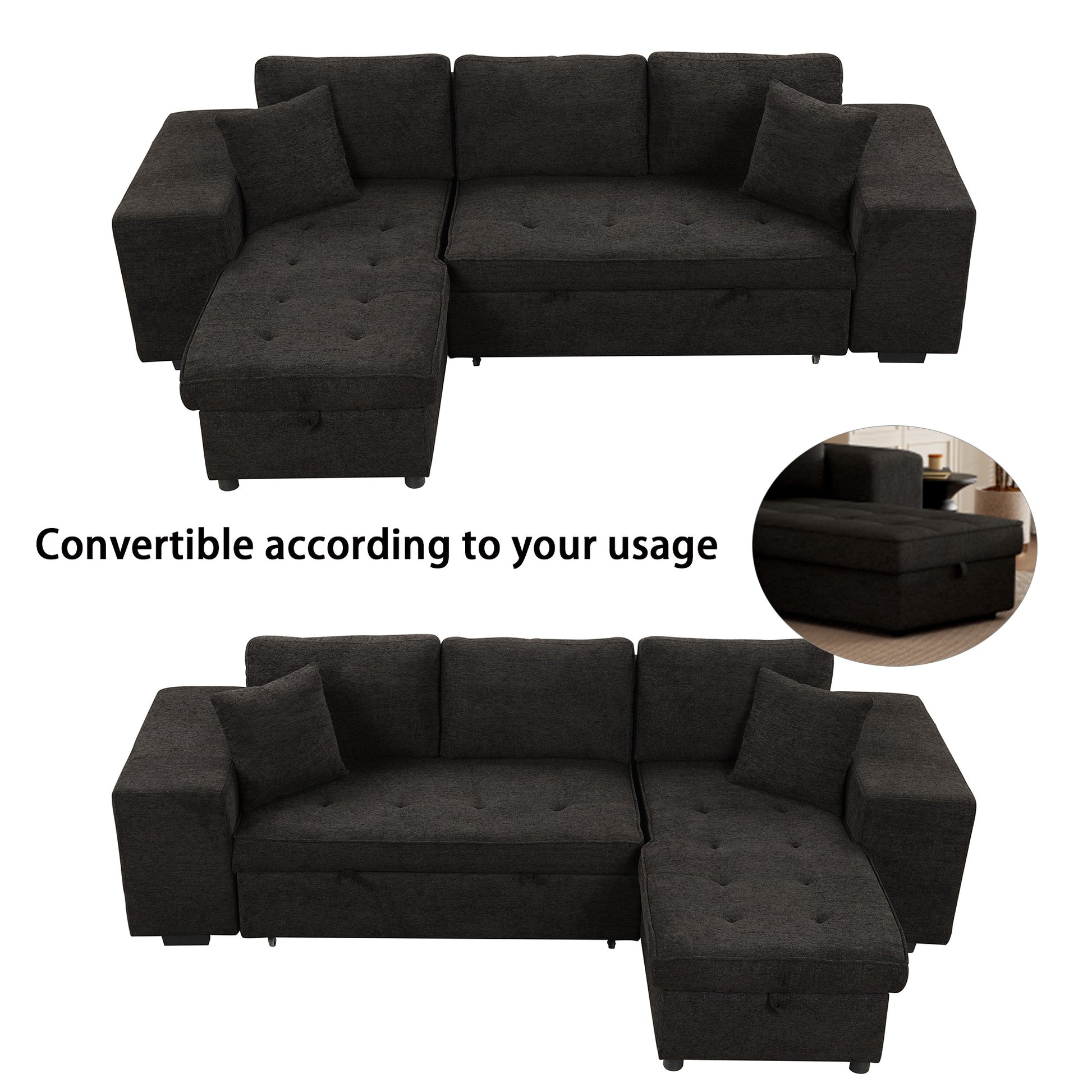 Dark gray fabric sectional sofa with tufted cushions and chaise lounge