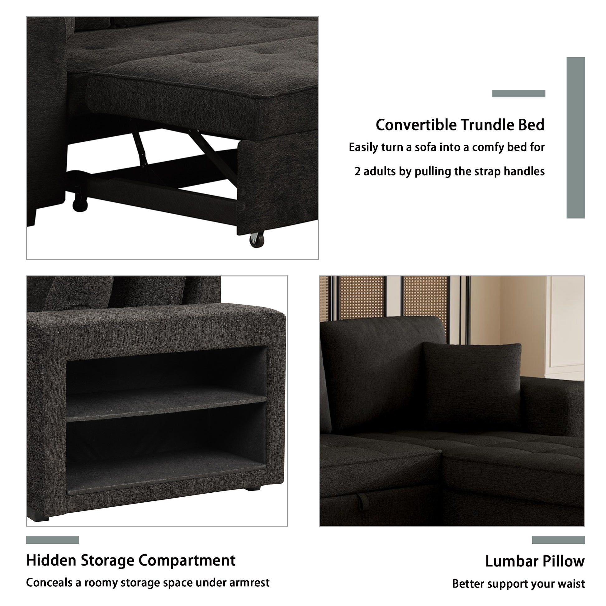 Dark grey fabric convertible trundle bed pulled out showing bed mechanism