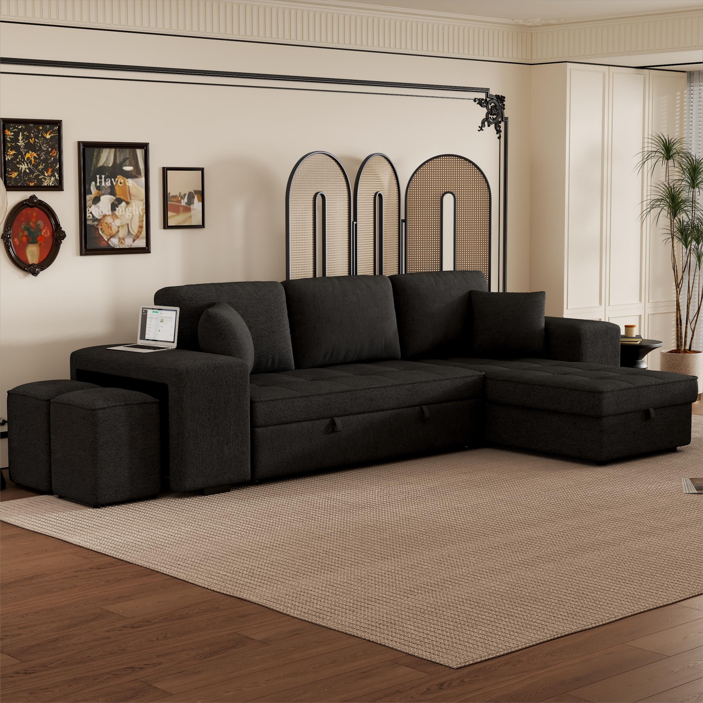 Dark grey sectional sofa with chaise lounge and storage ottomans