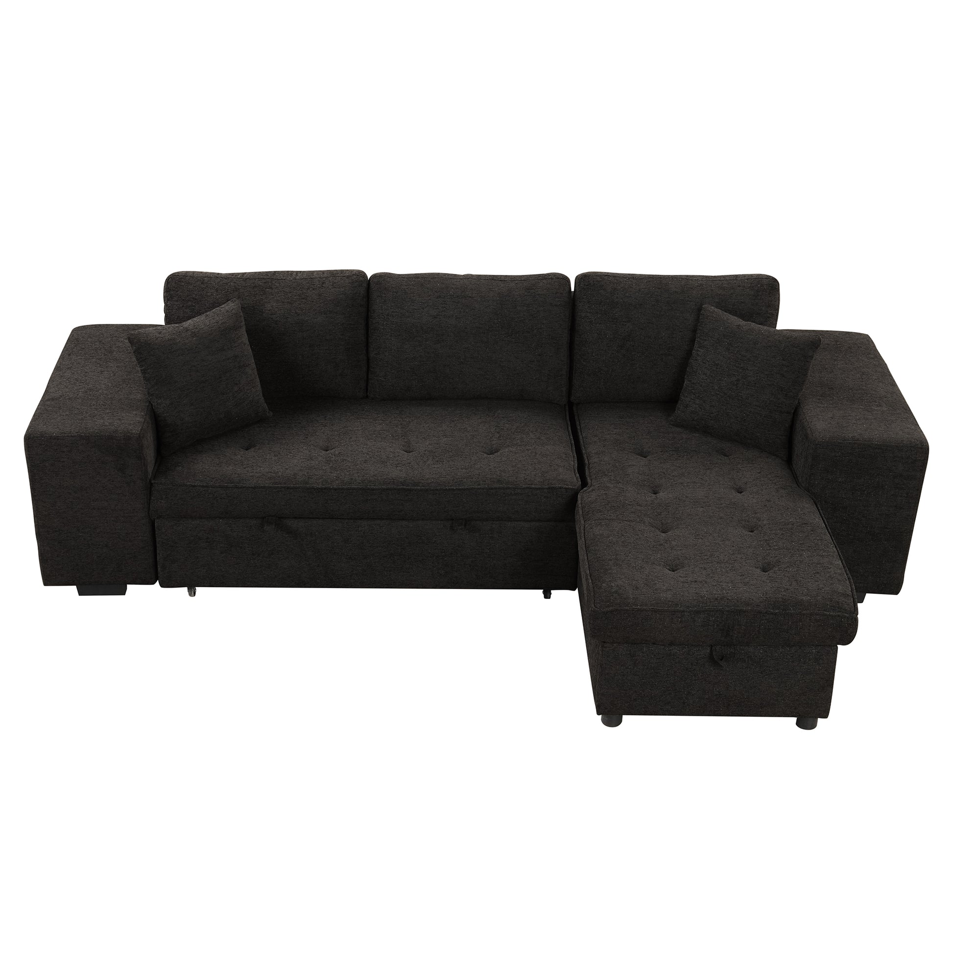 Dark charcoal fabric sectional sofa with tufted seats and storage chaise