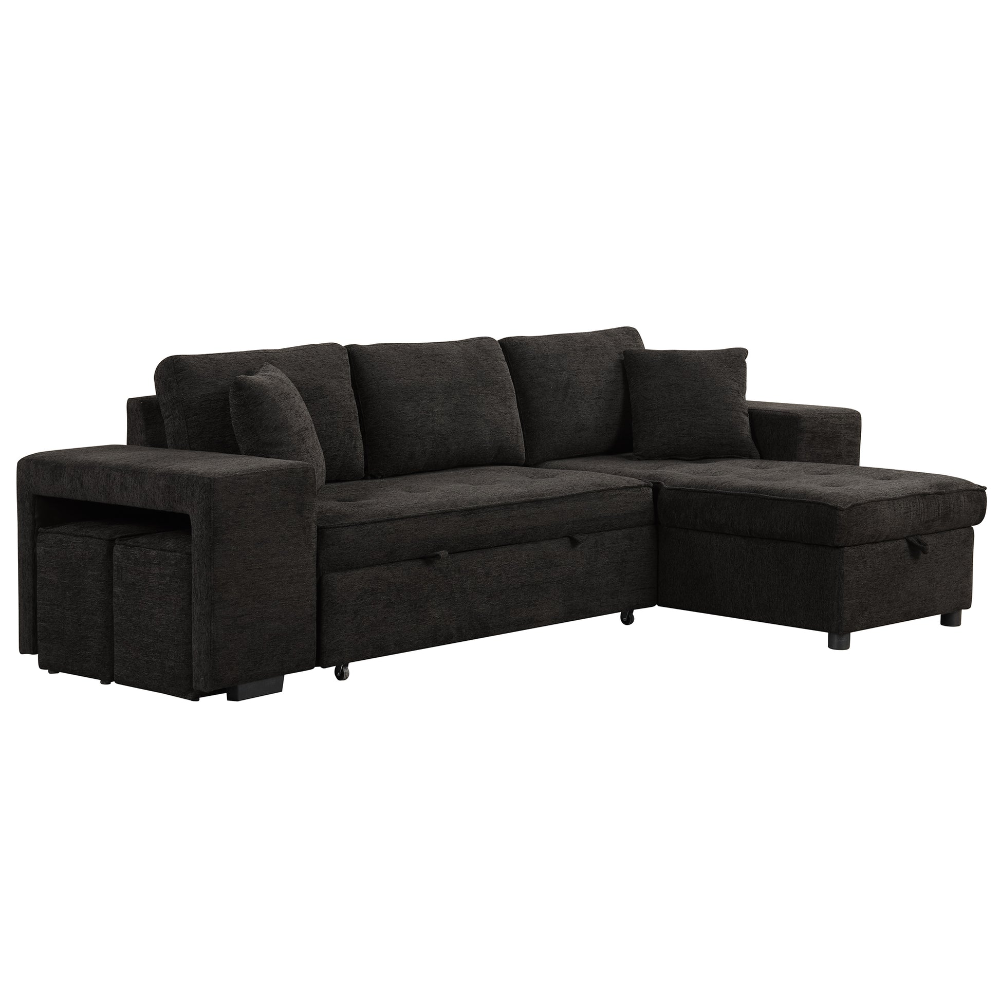 Dark grey fabric sectional sofa with hidden storage and two storage ottomans