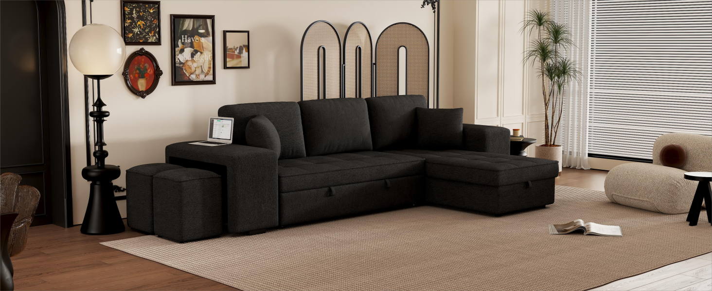 Dark charcoal sectional sofa with builtin storage and ottomans perfect for modern living rooms