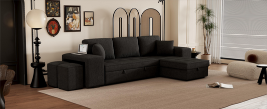 Dark charcoal sectional sofa with builtin storage and ottomans perfect for modern living rooms