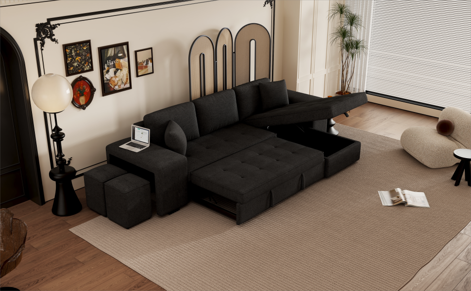 Dark gray sectional sofa with storage and pullout bed featuring a chaise lounge