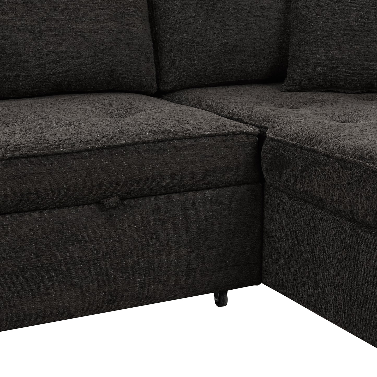 Dark gray fabric sectional sofa with hidden storage compartment and plush cushions for comfortable living room seating