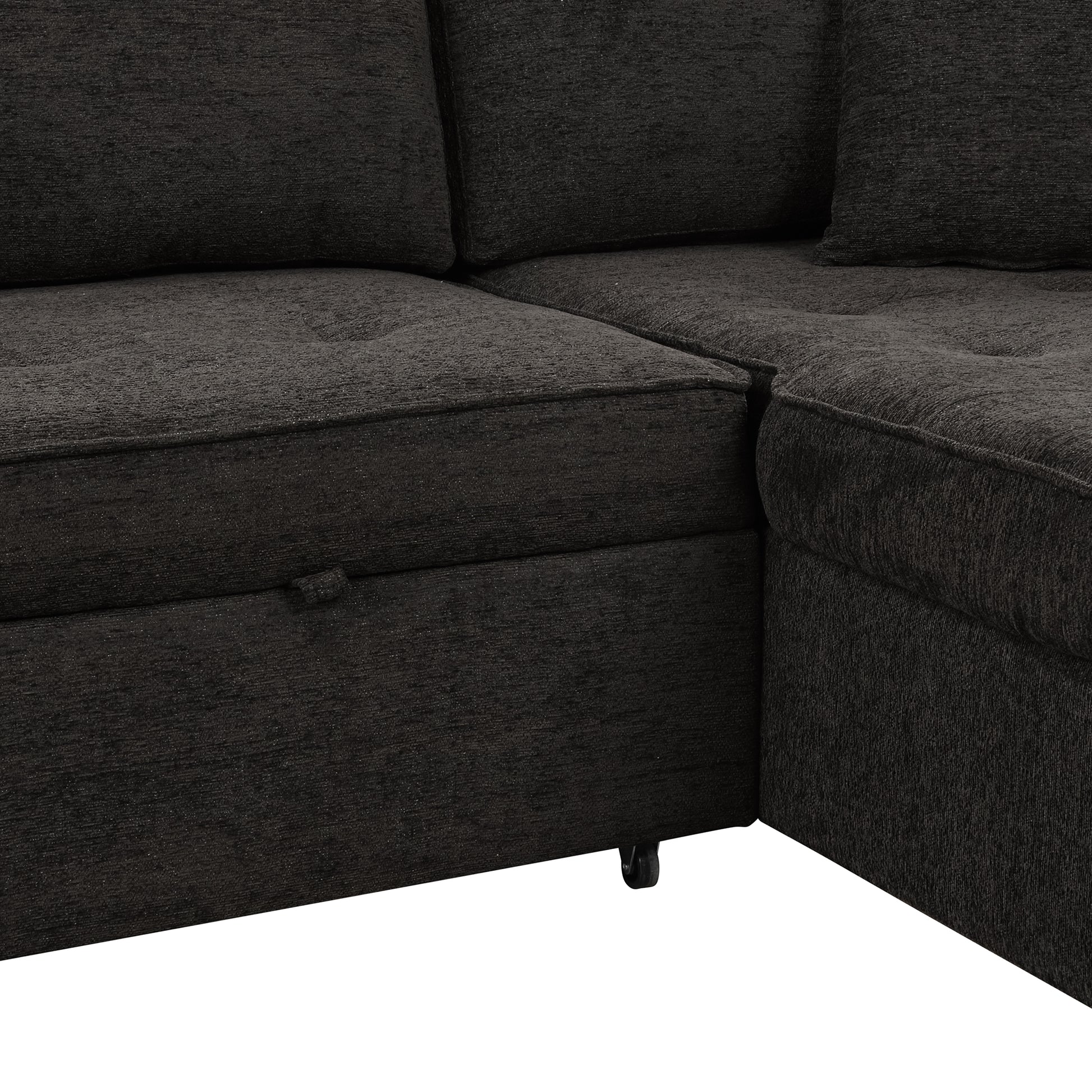 Dark gray fabric sectional sofa with hidden storage compartment and plush cushions for comfortable living room seating
