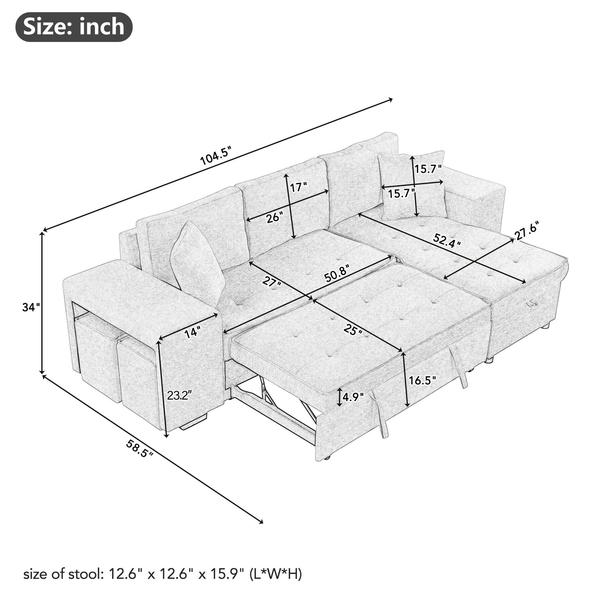 Lshaped sectional sofa with pullout bed and storage ottomans diagram showing dimensions